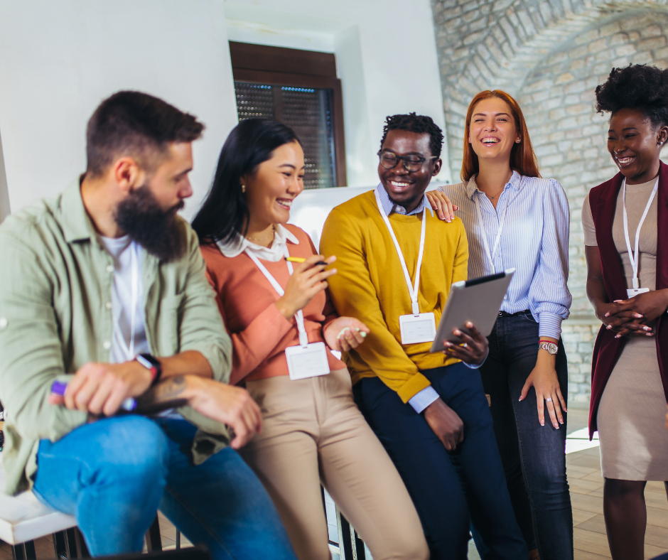 a team of people laughing